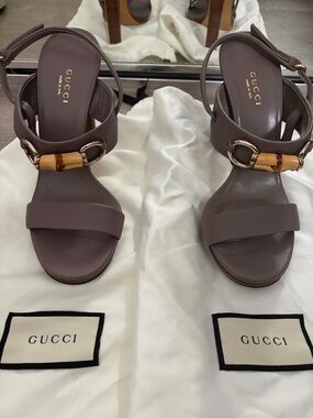 Gucci Taupe Leather Heeled Sandals with Bamboo Detail